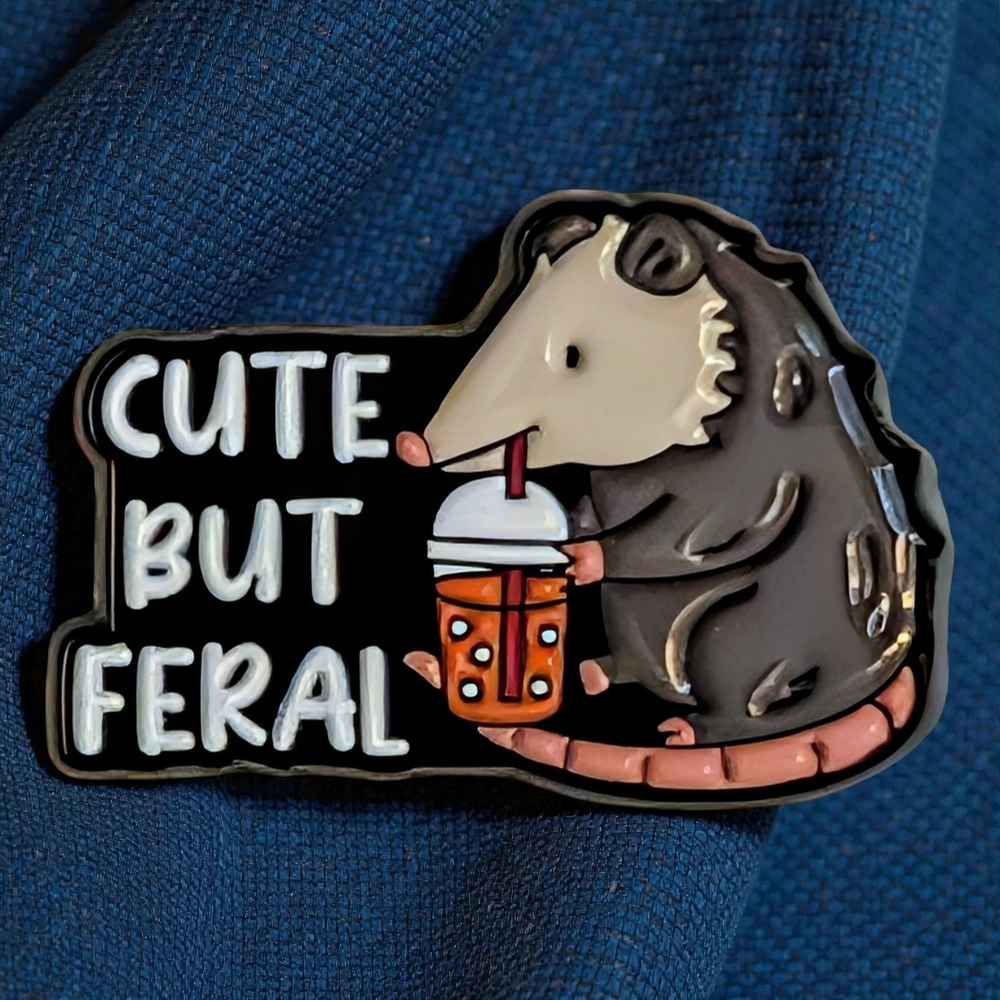 Cute But Feral Possum Enamel Pin - Black and Brown